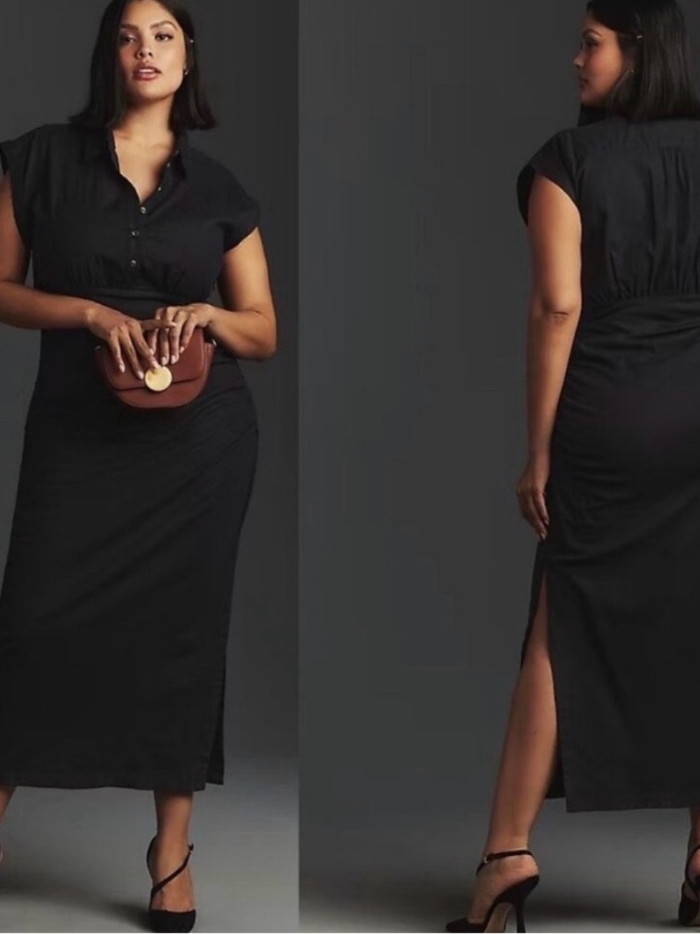 By Anthropologie Black Cap-Sleeve V neck Midi Dress with Side Slit. Linen blend